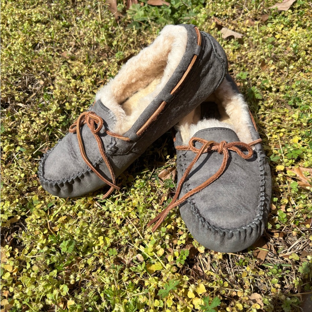 UGG Gray Suede Moccasin Slippers with Shearling Lining